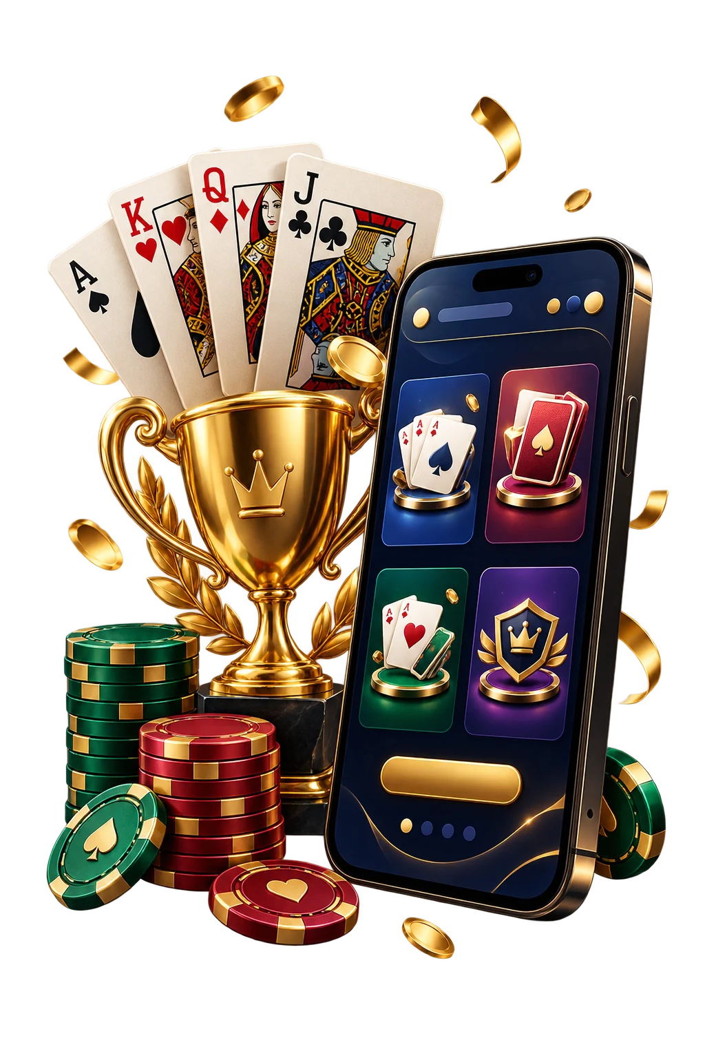 3D composition of a gaming phone, playing cards, trophy and chips
